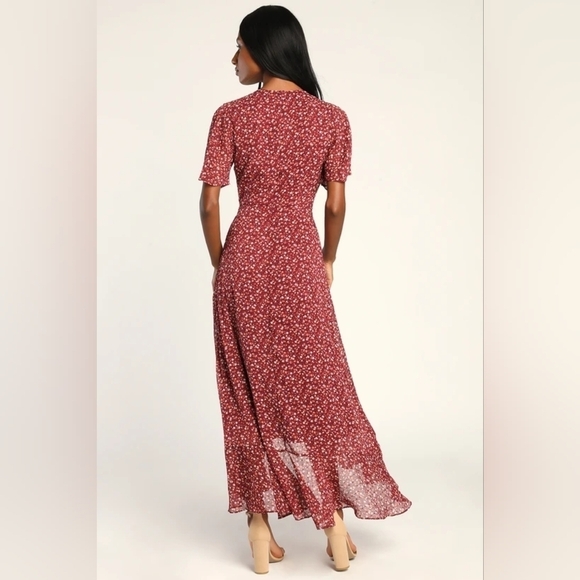 Lulu's Good Moments Burgundy Floral Print Split Sleeve Faux-Wrap Dress NWT - Picture 2 of 16